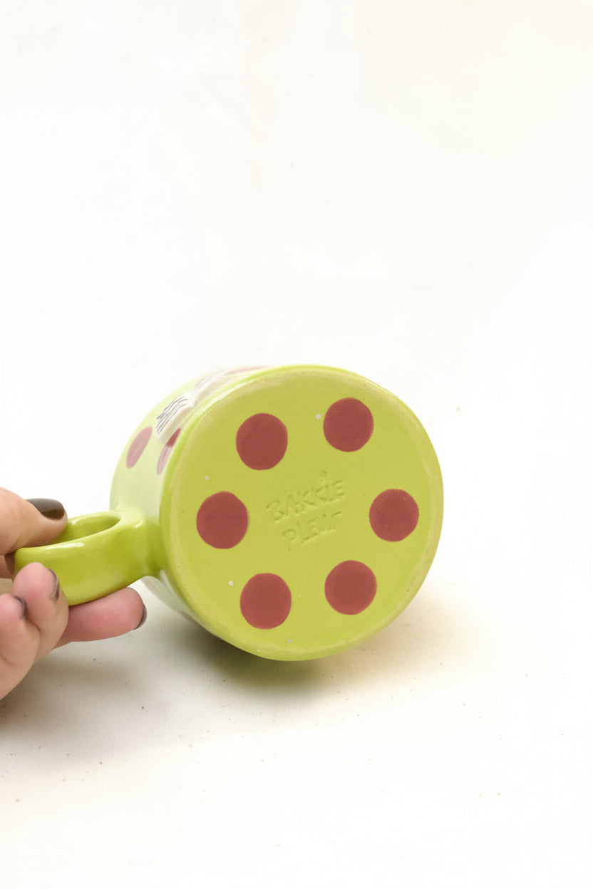 books + polka coffee cup (chartreuse/plum)