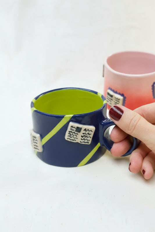books + polka coffee cup (cobalt/chartreuse)