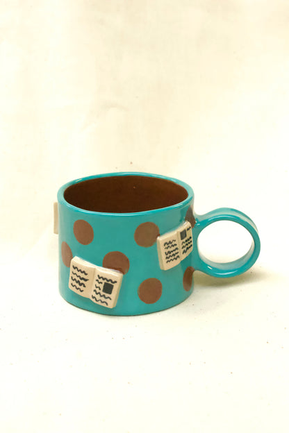 books + polka coffee cup (aqua/chocolate)