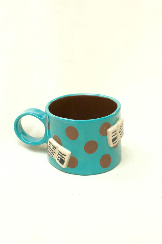 books + polka coffee cup (aqua/chocolate)
