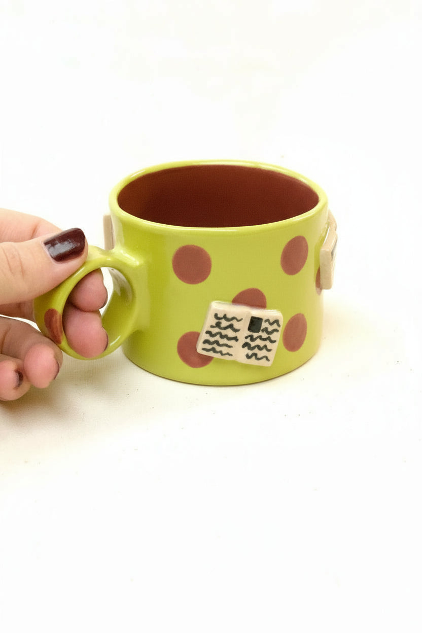 books + polka coffee cup (chartreuse/plum)