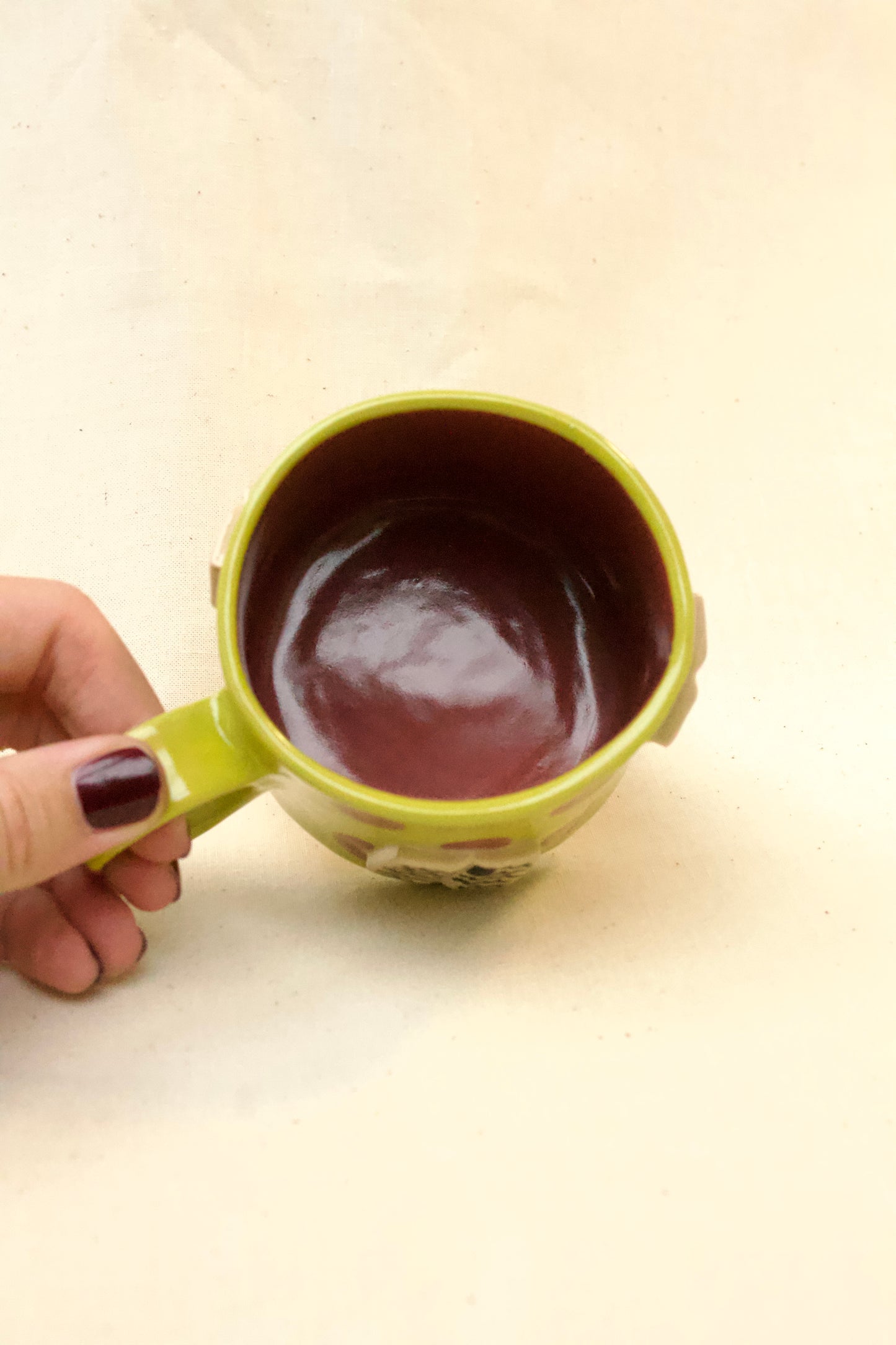 books + polka coffee cup (chartreuse/plum)