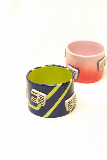 books + polka coffee cup (cobalt/chartreuse)