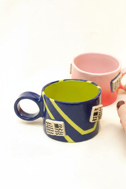 books + polka coffee cup (cobalt/chartreuse)