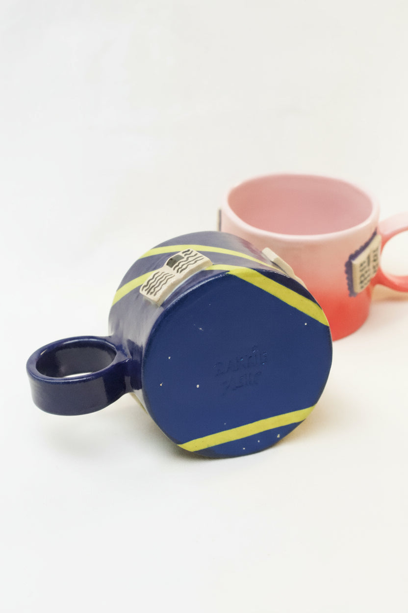 books + polka coffee cup (cobalt/chartreuse)