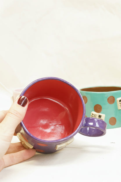 books + polka mug (amethyst/ruby)