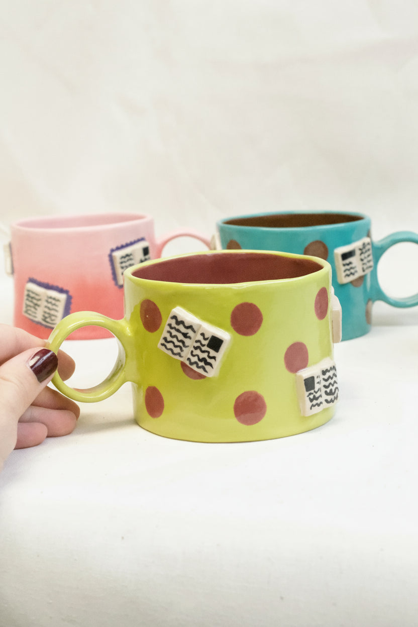 books + polka mug (chartreuse/plum)