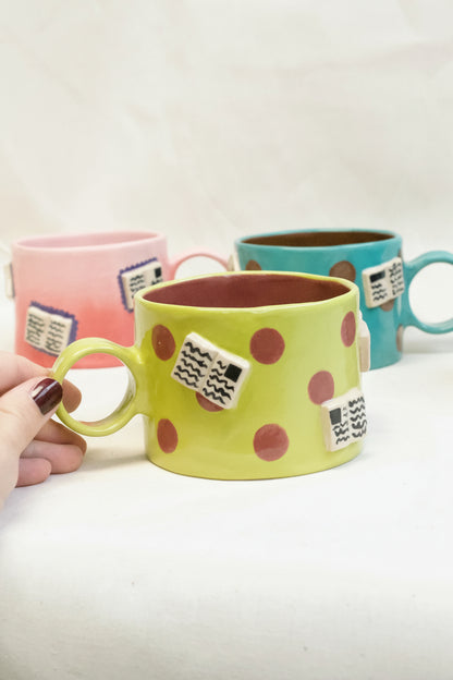 books + polka mug (chartreuse/plum)