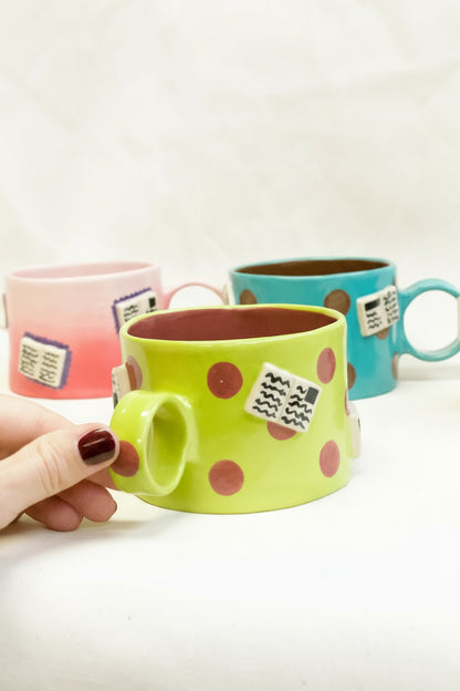 books + polka mug (chartreuse/plum)