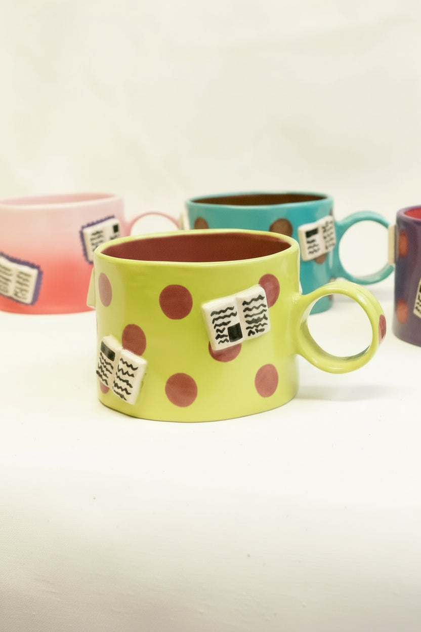 books + polka mug (chartreuse/plum)