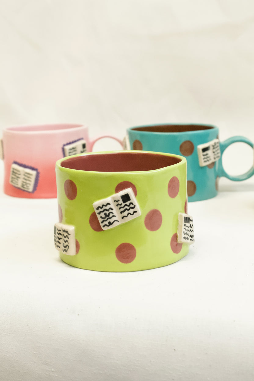 books + polka mug (chartreuse/plum)