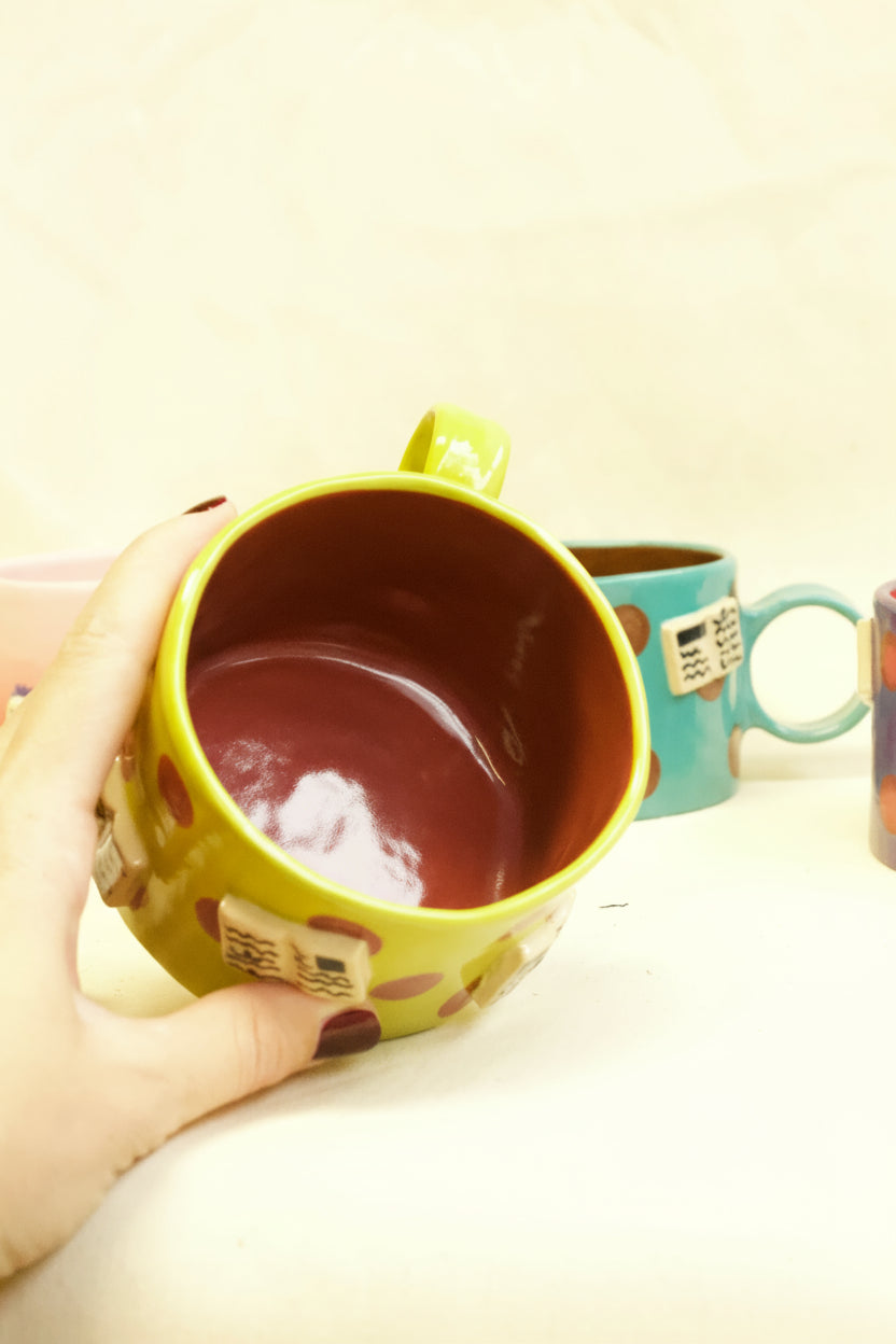 books + polka mug (chartreuse/plum)