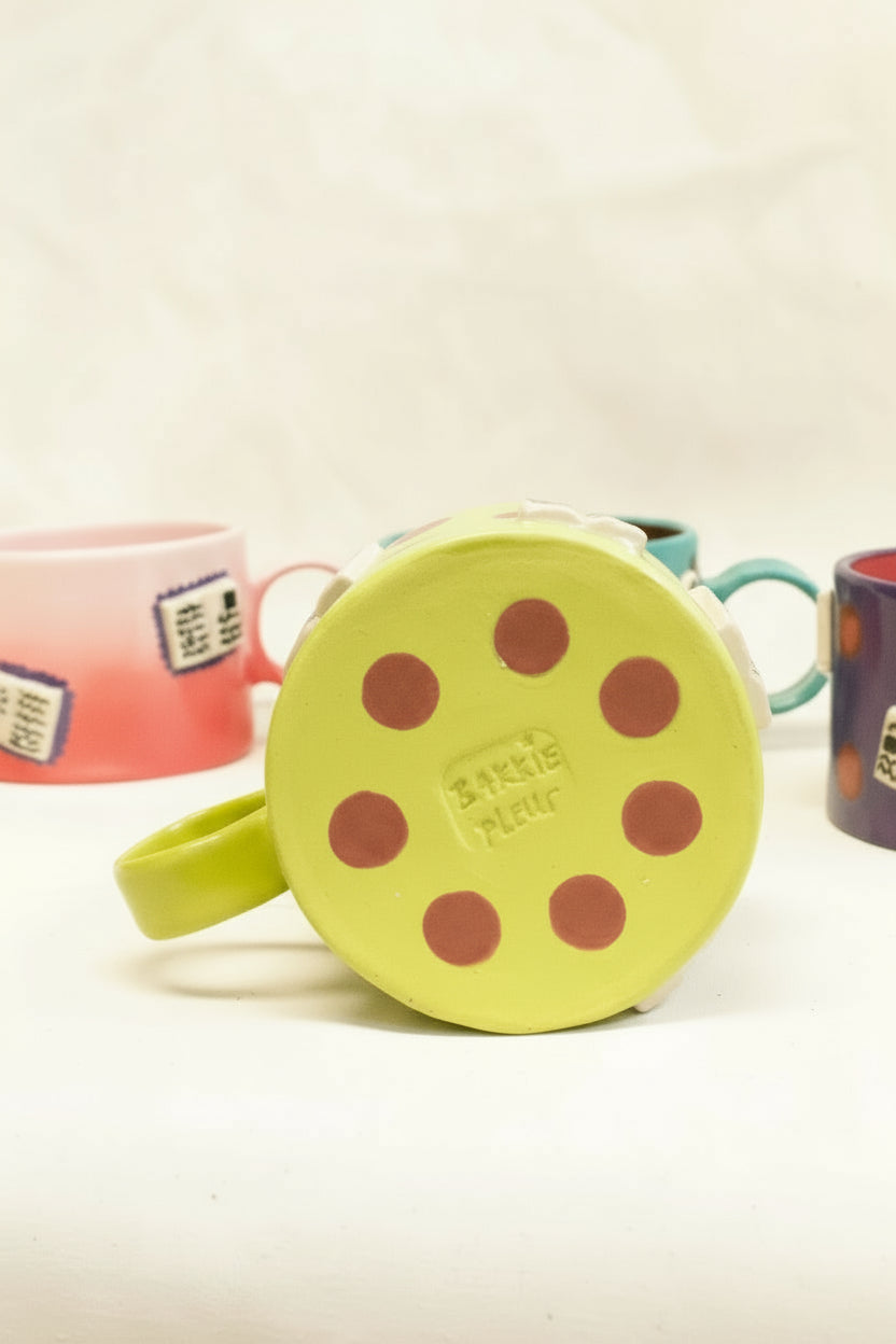 books + polka mug (chartreuse/plum)