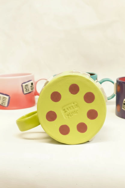 books + polka mug (chartreuse/plum)