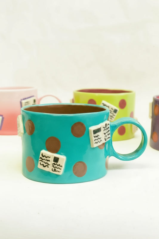 books + polka mug (aqua/chocolate)