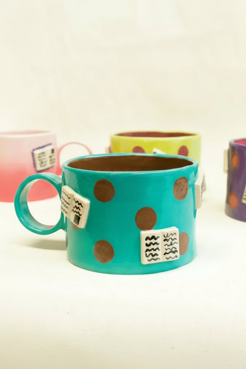 books + polka mug (aqua/chocolate)