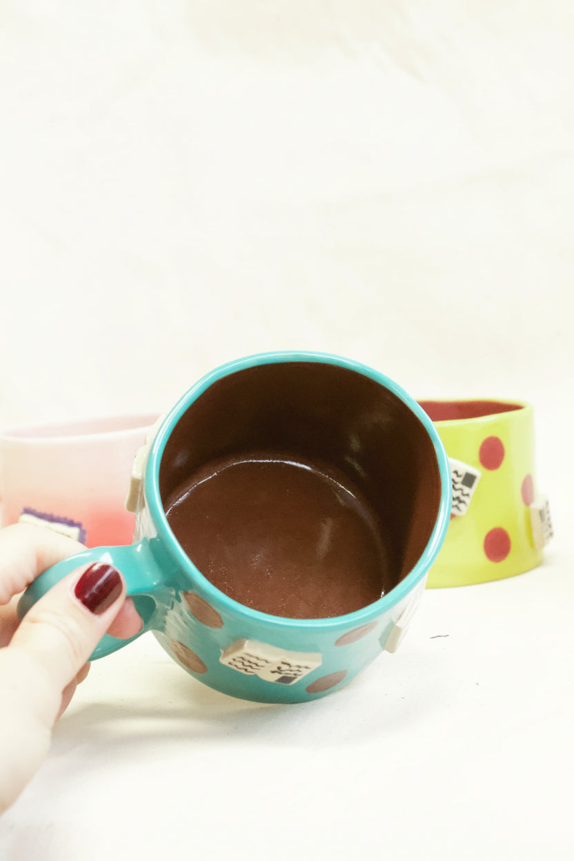 books + polka mug (aqua/chocolate)