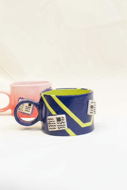 books + polka coffee cup (cobalt/chartreuse)