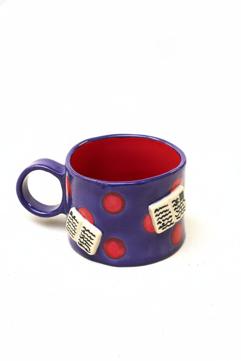 books + polka coffee cup (amethyst/ruby)